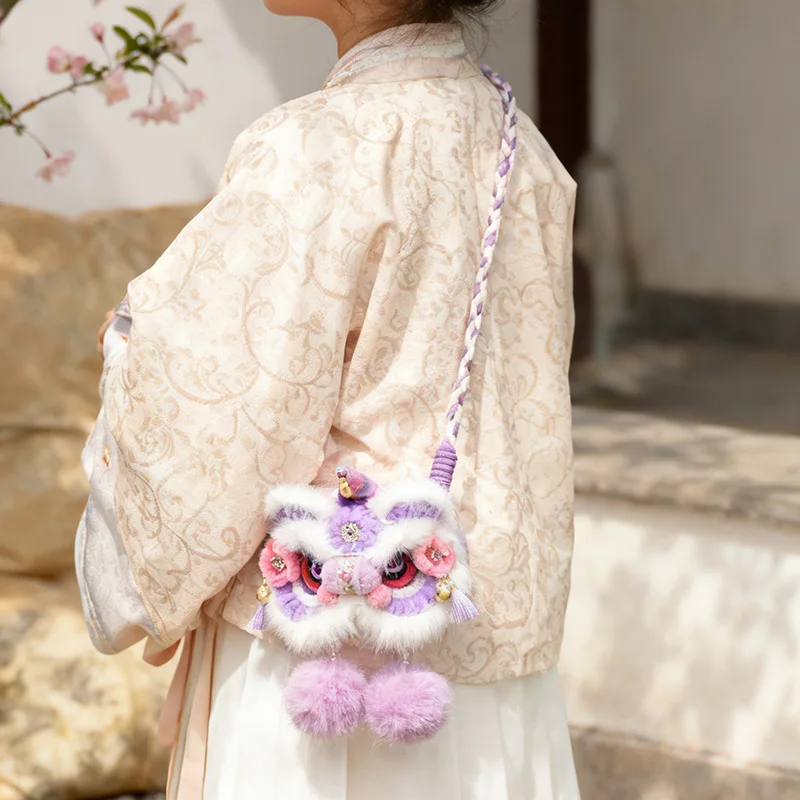 Chinese Style Cute Lion Dance Plush Women Crossbody Bag Handmade Shoulder Bag Soft Hanfu Accessories Key Bag Wallet New Year