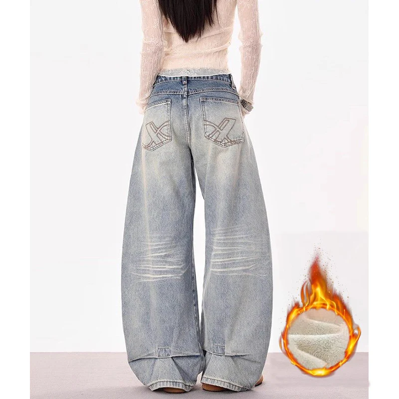 Winter Women Designer High Waist Thermal Jeans Girls Snow Warm Fleece Denim Pants Lady Chic Korean Fashion Plush Trousers