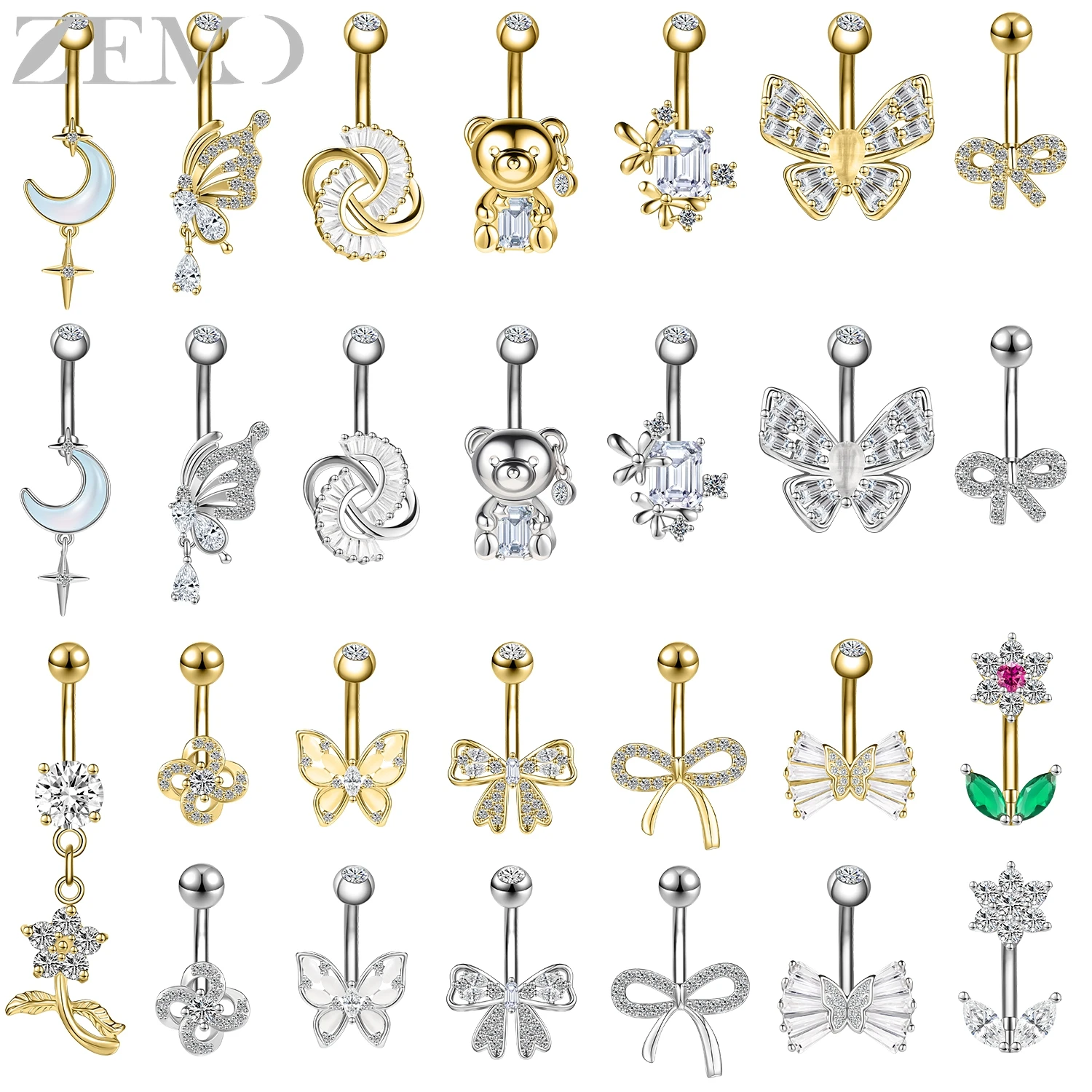 

ZEMO 1 PC 14G Stainless Steel Belly Rings Women Girl CZ Crystal Navel Ring Cute Butterfly Bowknot Belly Button Piercings Jewelry