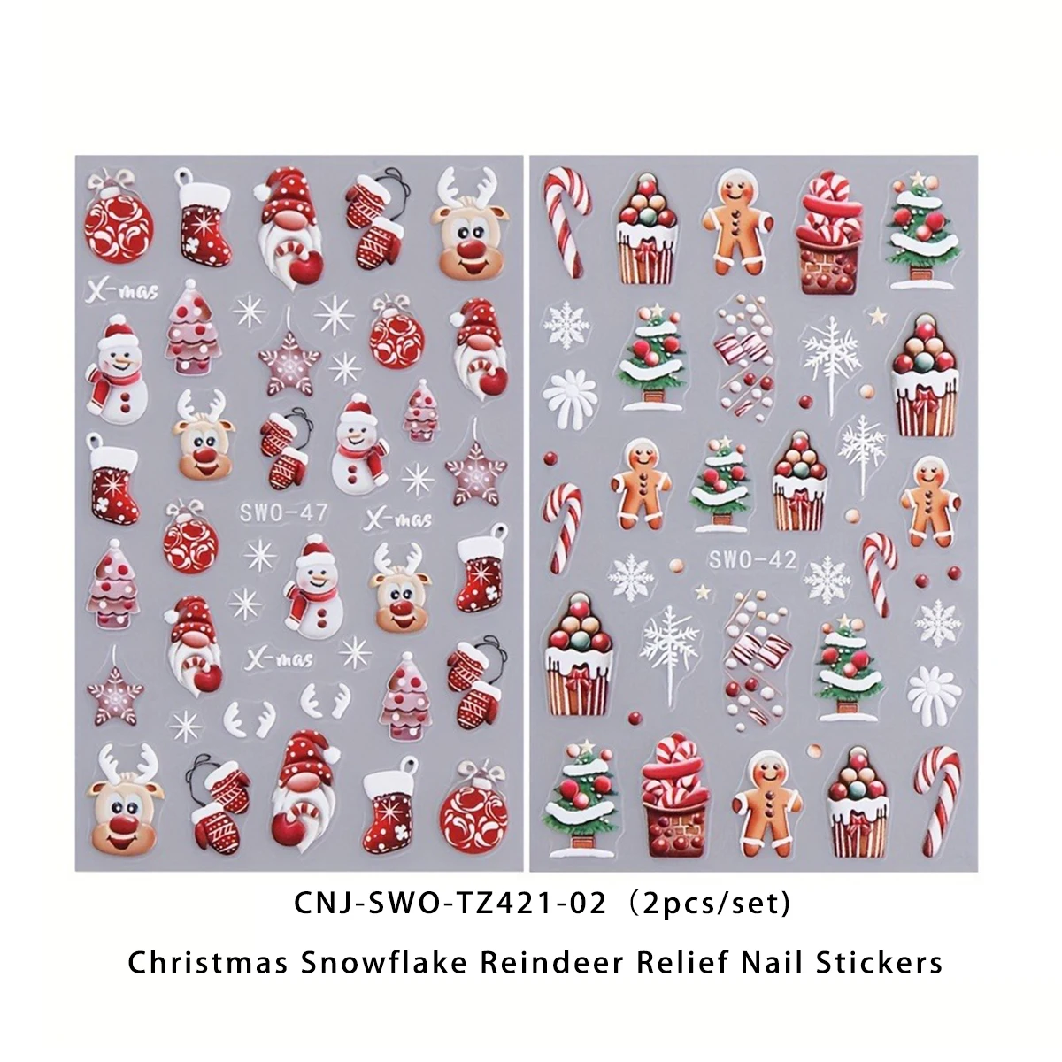 5PCS Winter Christmas relief nail stickers, easy to apply for nail decoration DIY、Gifts, parties, and wedding makeup and styling