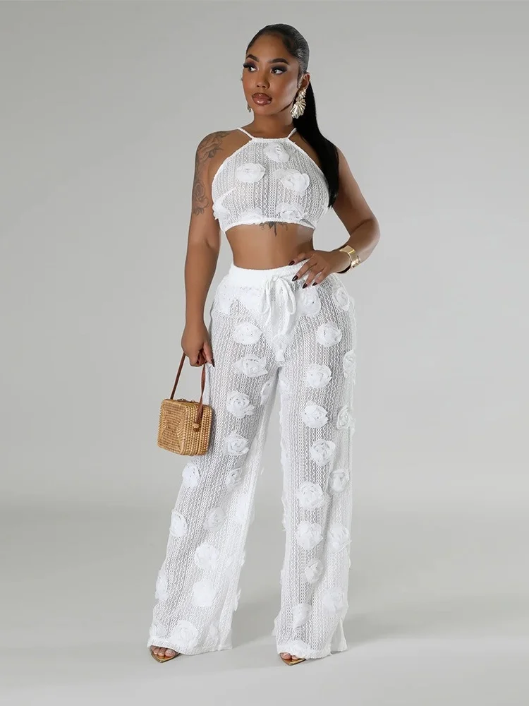 

Wmstar Set Women Wholesale A Solid Color See Through Two Piece Featuring A Short Lace Up Top Paired with Loose Fitted Trousers