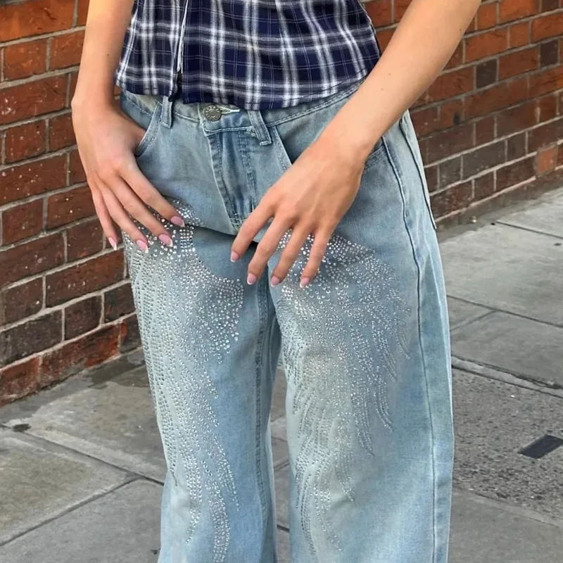 ANJY Spring Autumn New Women Washed High-waisted Heavy Wings Diamonds Denim Pants Trendy Chic Street Style Straight Jeans A26166