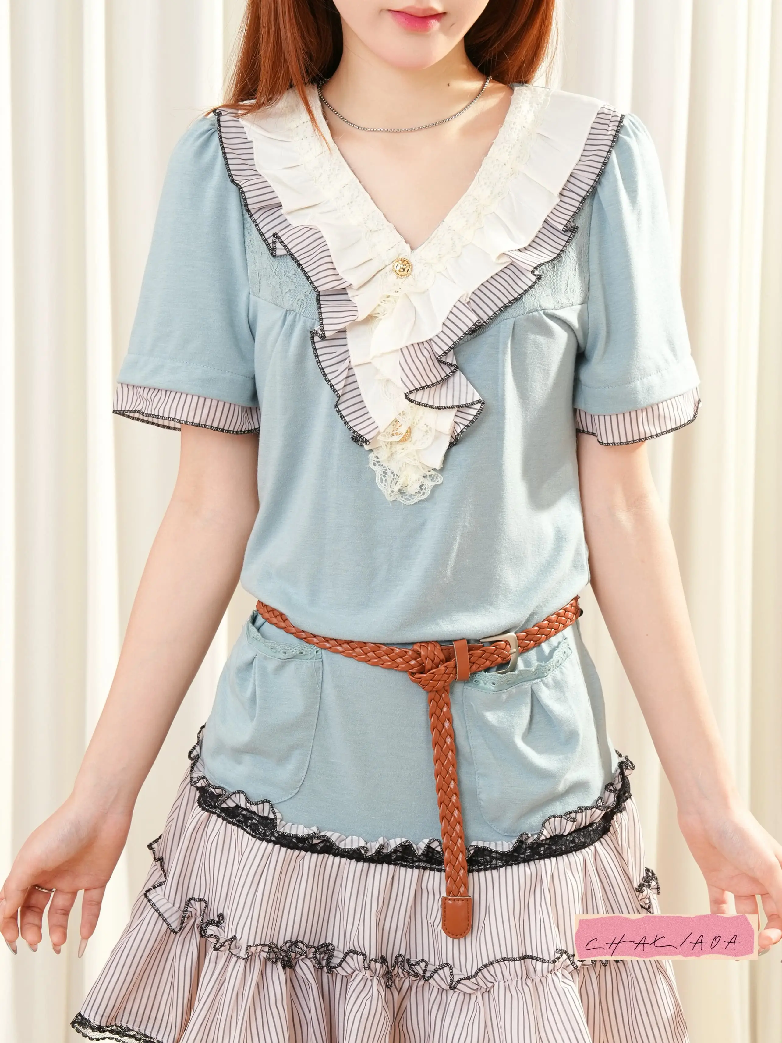 Japanese Niche Ancient Temperament Fake Two V-neck Dress Womens Summer High Sense Unique Beautiful Ruffle Edge Striped Skirt