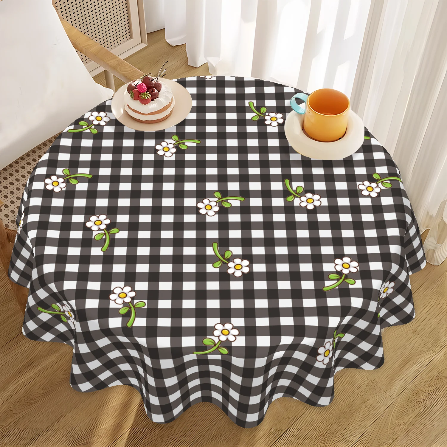 One simple style daisy and stripe pattern round tablecloth - 62 inches, 100% polyester, machine washablezyc