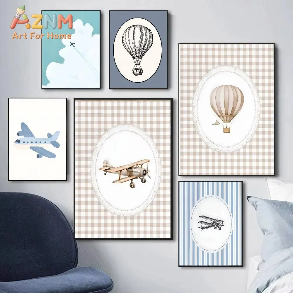 Vintage Travel Boy  Blue Hot Air Balloon Plane Train Prints Poster  Art  Home Decor