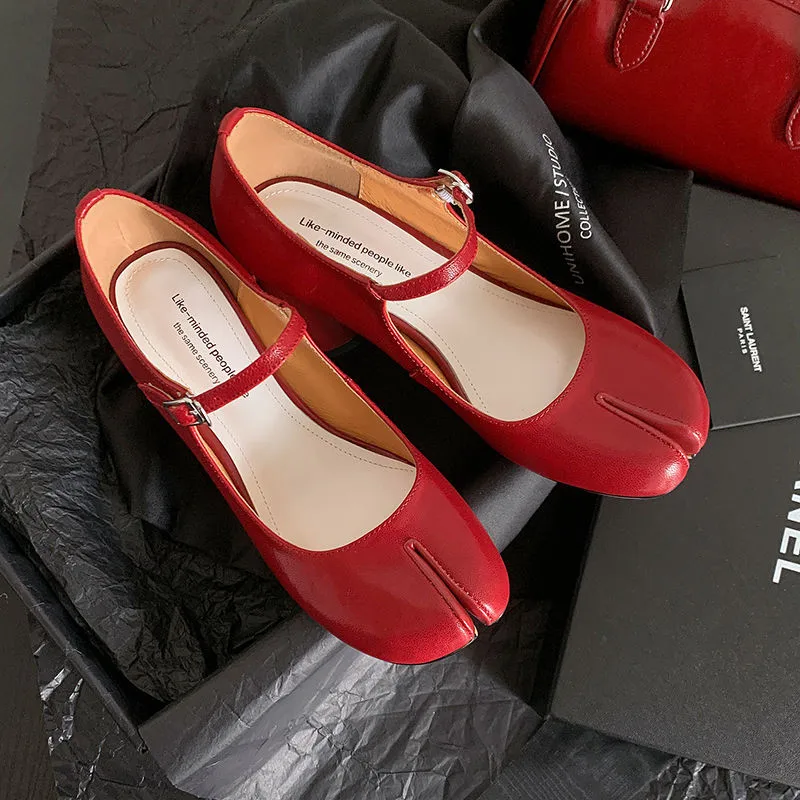 MKKHOU Fashion Pumps New High Quality Genuine Leather Split Toe High Heels Mary Janes Shoes Commuter Women's Tabi Shoes