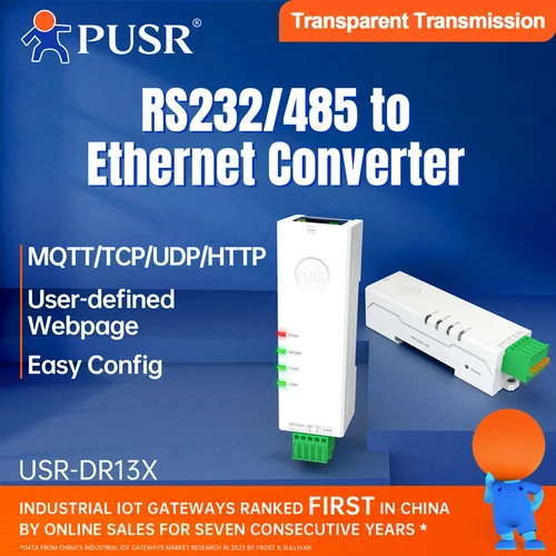 Imagen 2 del producto PUSR""Lipstick‘’ Gateway de Riel DIN de tamaño compacto, de RS485 RS232 a Ethernet, de Modbus RTU a TCP, compatible con Edge Computing y MQTT DR132/134