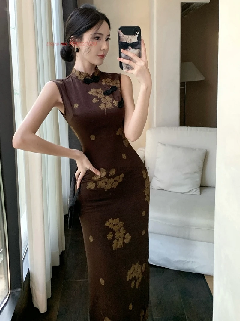 

Платье для восточного ночного клуба 2025, улучшенное Cheongsam, национальное цветочное платье без рукавов, Ципао, Cheongsam, сексуальное банкетное вечернее платье