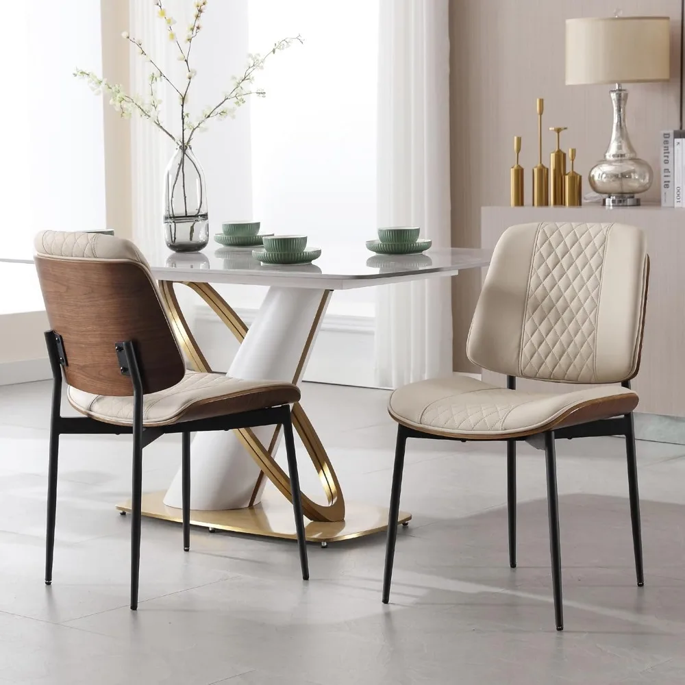 

BV Dining Chairs Set of 2, PU Leather Armless Kitchen Chair in Modern Walnut Style, Mid Century Bentwood Side Chair with Metal L