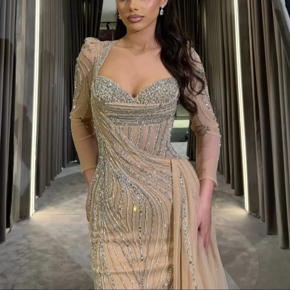 Fashion Detachable Train Evening Dress Luxurious Long Sleeve Beaded Party Gown Elegant Floor Length Party Dresses فساتين سهرة