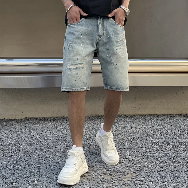 New High-End Retro Washed Splashed Denim Shorts Men Straight Trendy Embroidery Versatile Wear-Resistant Hole Torn Denim Capris