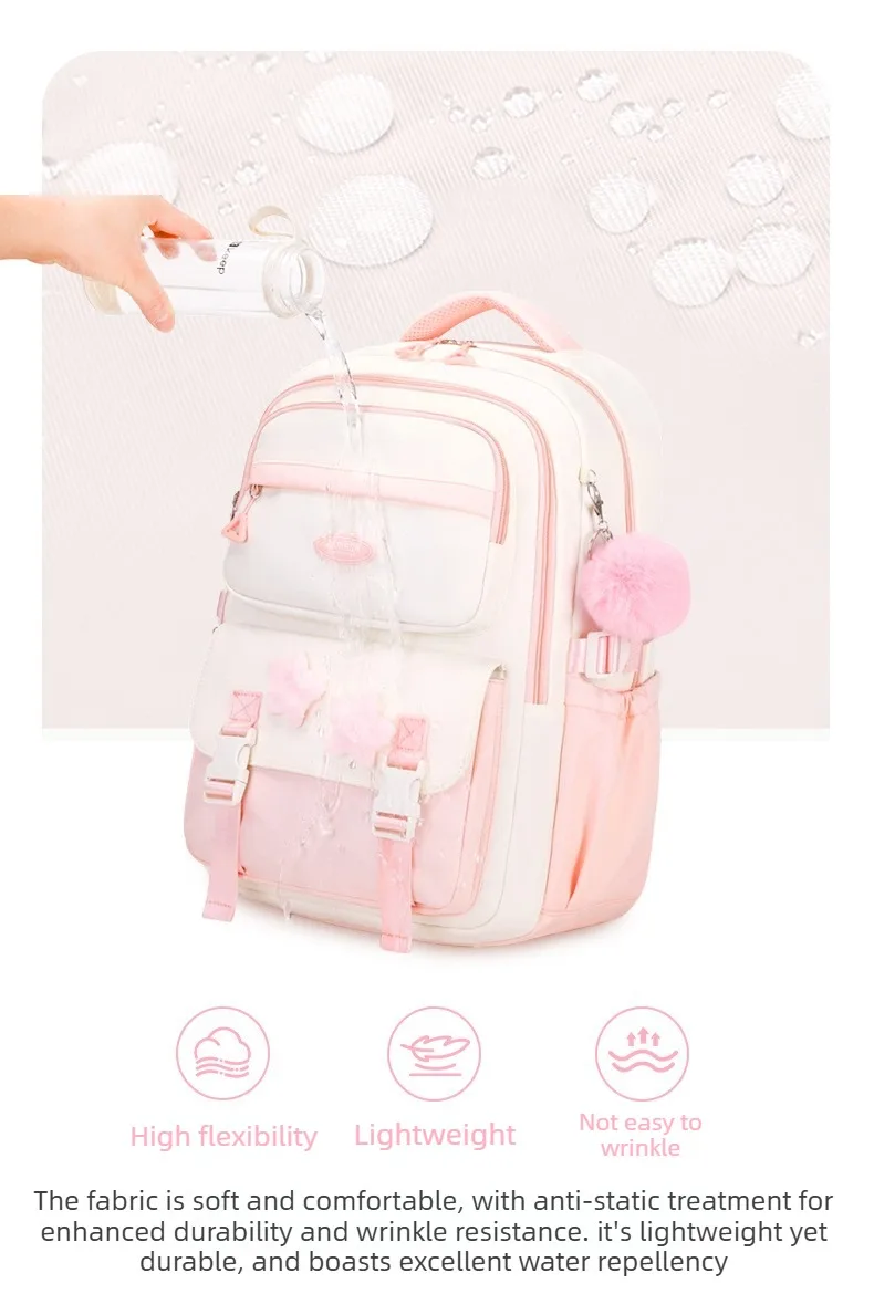 Primary Middle School Backpack for Girls Cute Backpack for School Pink School Bag for Teen Girls with Star Pins Furry Pendant