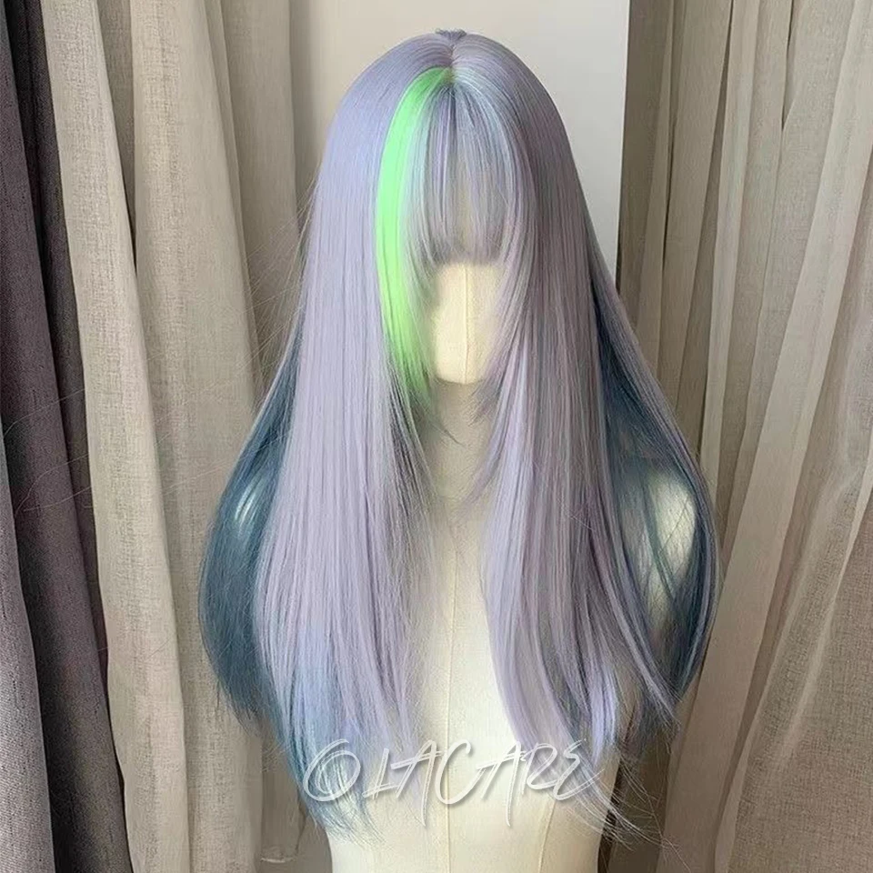 Grey with Blue Highlight Long Straight Synthetic Wigs with Bangs Cosplay Hairs Wig for Women Daily Natural Heat Resistant