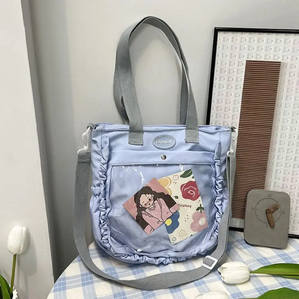 Tas Tote Kanvas Nilon Ruffles Itabag Transparan PVC Fashion Tas Sekolah Siswa Tampilan Lencana Gaya Jepang