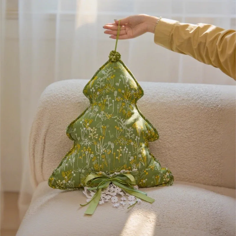 Green embroidered Christmas tree throw pillow, living room sofa, bedroom bay window special-shaped cushion, fabric waist