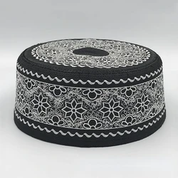 Chapéu alto liso preto e branco bordado Yarmulke dos homens, Oração muçulmana, Turquia, Caps islâmicos, Roupas masculinas, Produtos fiscais