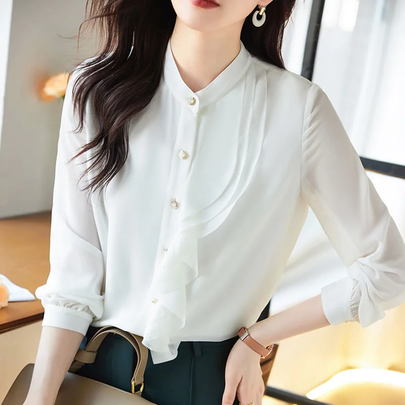 

Office Lady Long Sleeve Stand Collar Women Shirt White Ruffles Chiffon Shirt Blouse Women Tops Blusas Para Mujer Camisas G849