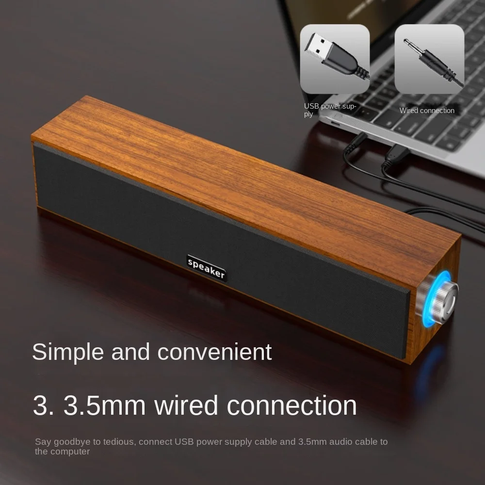 Nova tira longa usb com fio bluetooth alto-falantes duplos de madeira pequeno alto-falante computador notebook barra som desktop graves pesados