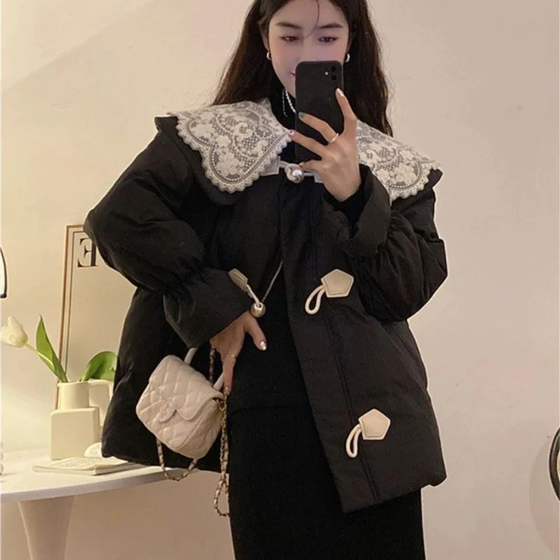 Lace Padded Coats for Women Solid Color Parkas Woman Cotton Demi-season Youthful Fashion 2024 Offers 2025 Trend Quilted Jackets