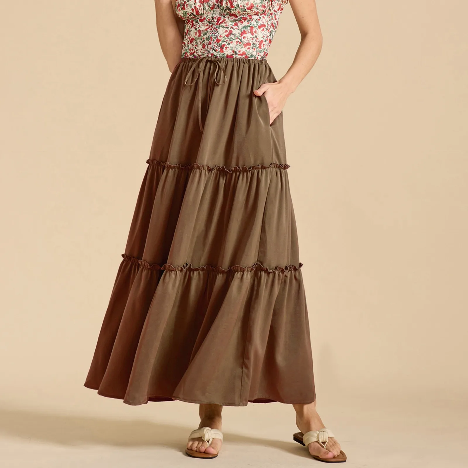 

Short Skirts Women'S Clothing Trend 2025 Women'S Fashion Pleated Floral Print Elastic Waist Loose Splicing A Line Pocket Skirt