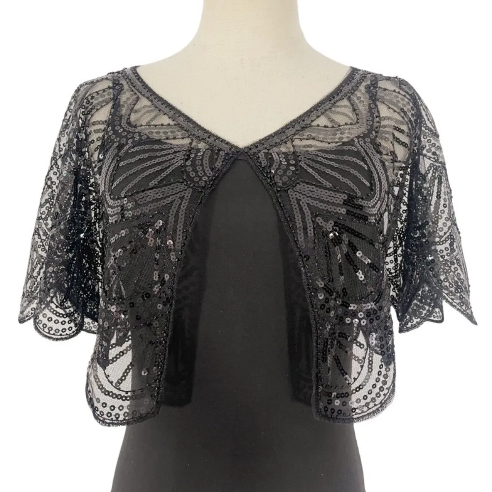 반짝이는 러플 스팽글 판초 코트 블링블링 1920년대 테마 숏 케이프 메쉬 숏 케이프 플래퍼 숄 여성용