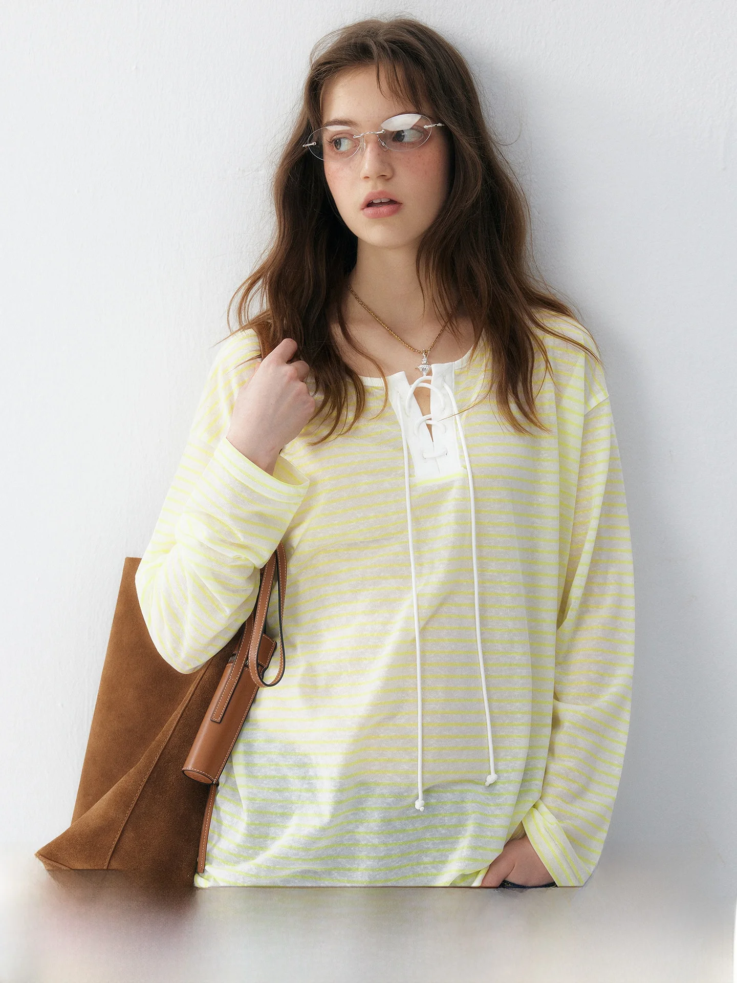  plus Women's Striped Silk T-Shirt Spring Autumn Long Sleeve Wrapped Design Breathable Comfortable round Neck Top