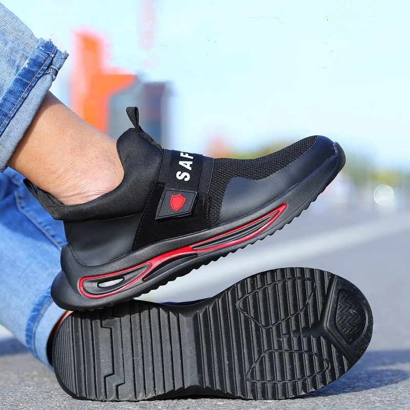 big size mens fashion breathable steel toe cap working safety shoes slip-on summer security boots brand designer worker footwear