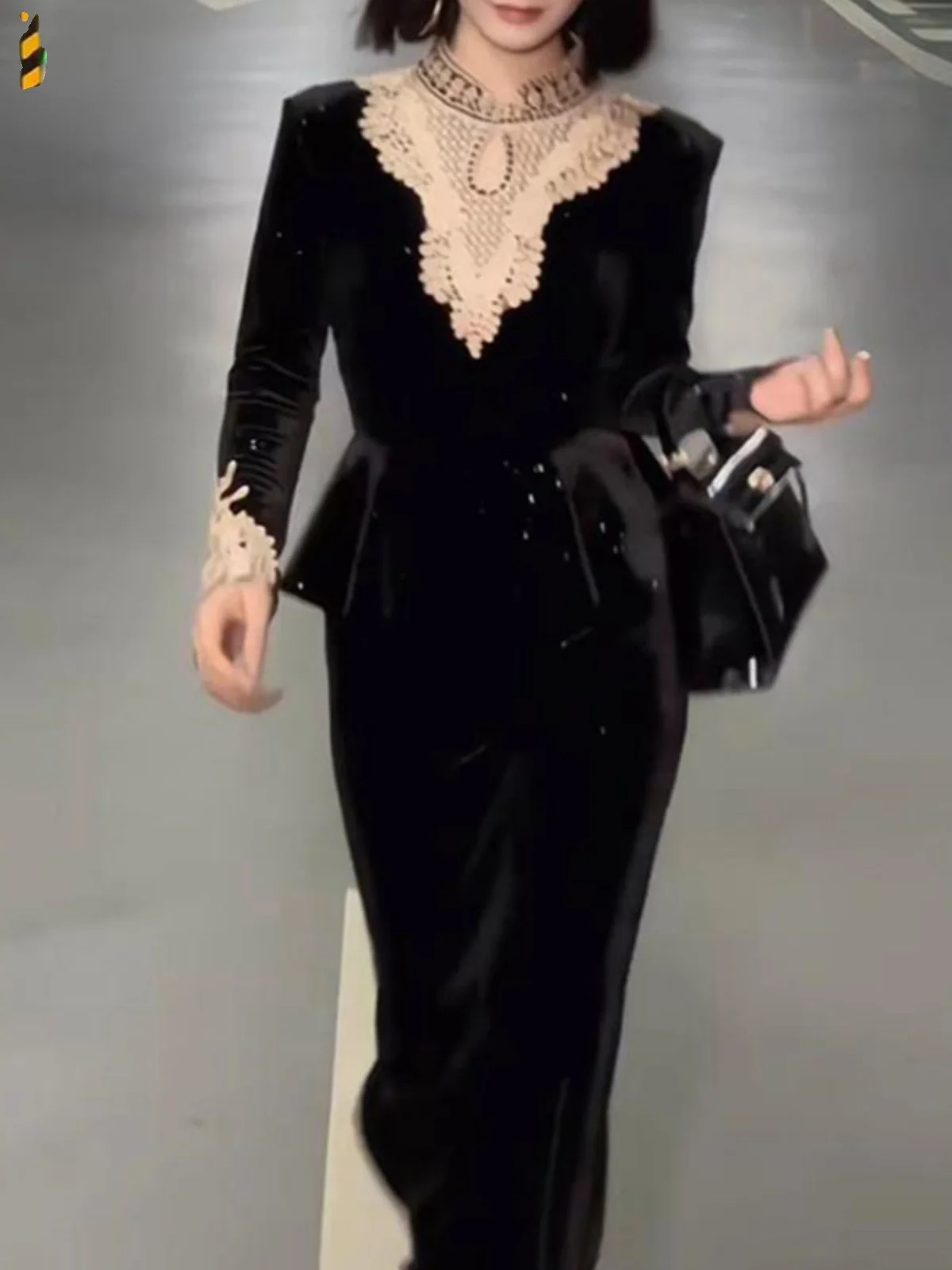 Retro Midi Dr Farbe Blo Abnehmen Sammelt Herbst Winter Neue Sle Faionable Dr Hohe Taille Polyester Faser Lange Sve