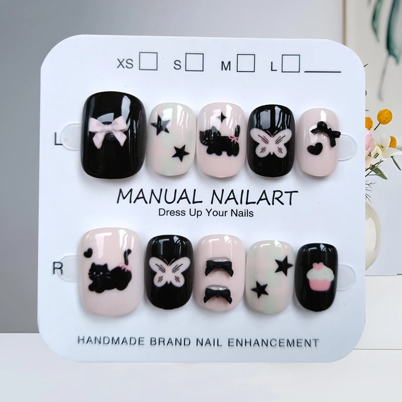 10Pcs Super Cute Cat with Bowknot Korean Style Girl's French Style Press on Nails Chic Pink Green Gradient Colored Guava Macaron