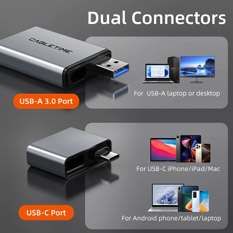CABLETIME 3 IN 1 Card Reader USB 4.0 5Gbps USB A & USB C 312MB/s Aluminum Alloy SD/TF Cards Portable for iPhone iPad