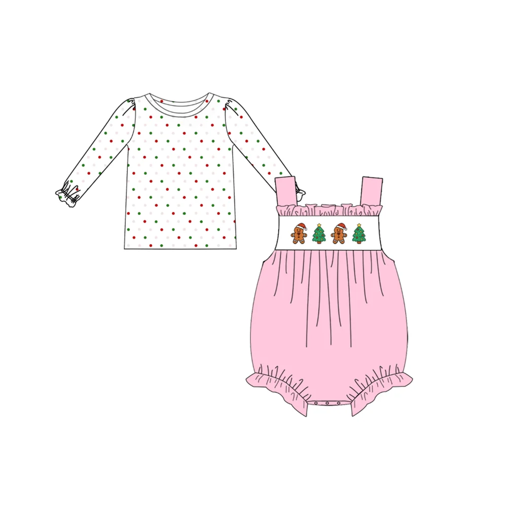 Girls Christmas Outfit Gingerbread Man Xmas Tree Dot Print Ruffle Collar Long Sleeve Dress Flare Pants Sets Baby Bubble Romper
