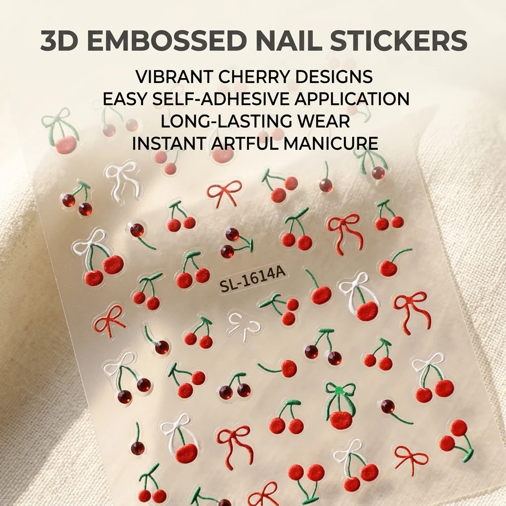 1pcs 5D Elegant Cherry Fruit Nail Stickers Kawaii White Bowknot Self-Adhesive Nail Decals 5D Peach Fruit Nail Decor Stickers