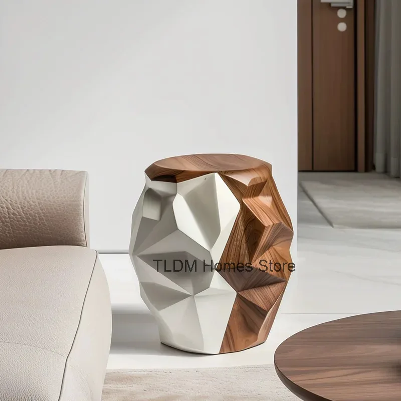 

High-end Living Room Stool Design Sense Art Creative Round Side Table, Italian Light Luxury Geometric Solid Wood Stool,Low Stool