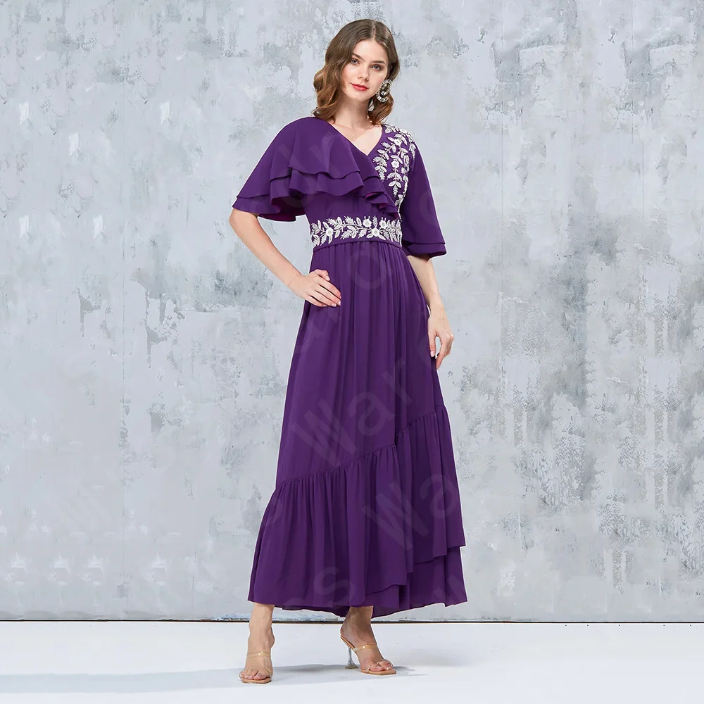 

New Lovely Purple Prom Dresses Arabic 2024 Wedding Party Dresses Half Sleeves V Neckline Evening Gowns Ankle Length Beading