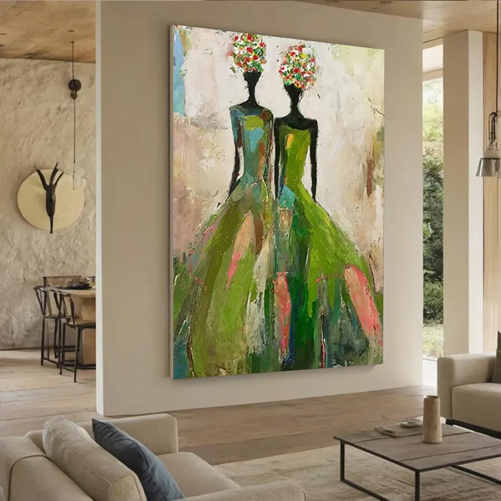 100% Handmade Abstract Oil Painting on Canvas Two Fashion Girls Wall Art Knife Arts Large Mural for Home Living Room Decor Image