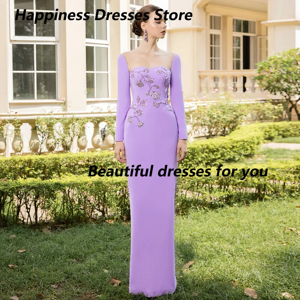 

Lilac Evening Dress Customized Long Sleeves Crystal Pearls Floor Length Special Occasion Dresses for Woman Prom Gown