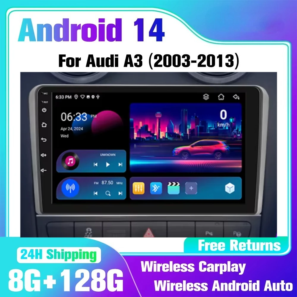 Android 14 Auto Radio For Audi A3 8P 2003 - 2013 4G Car Multimedia Player GPS Navigation 2din autoradio Wireless CarPlay