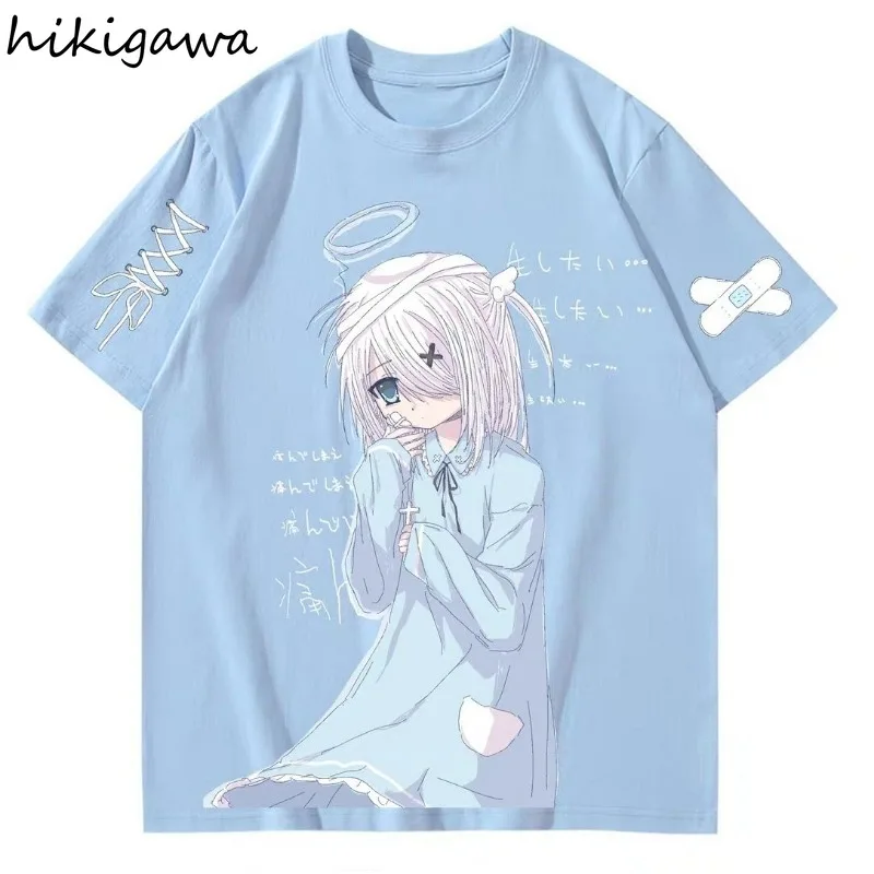 Japońskie Anime koszulki damskie z krótkim rękawem z okrągłym dekoltem letnie koszulki modne casualowe T-shirty urocze swetry typu oversize 2024