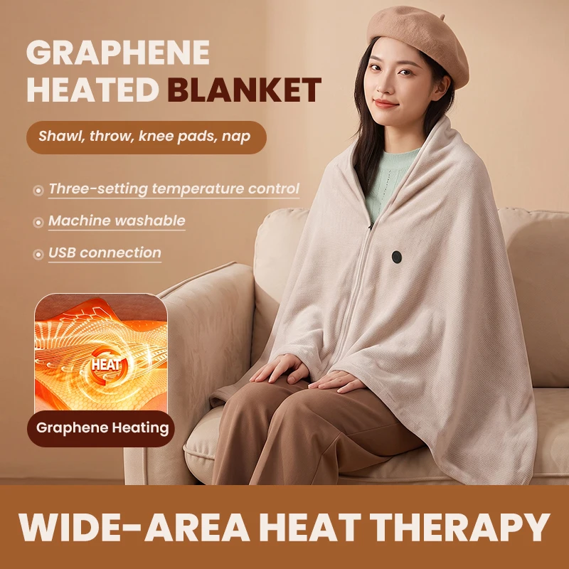 Graphene Heated Blanket Electric Shawl USB Powered 3 Heat Levels Soft Fleece Heating Cape Throw for Home Office Travel 160x80cm
