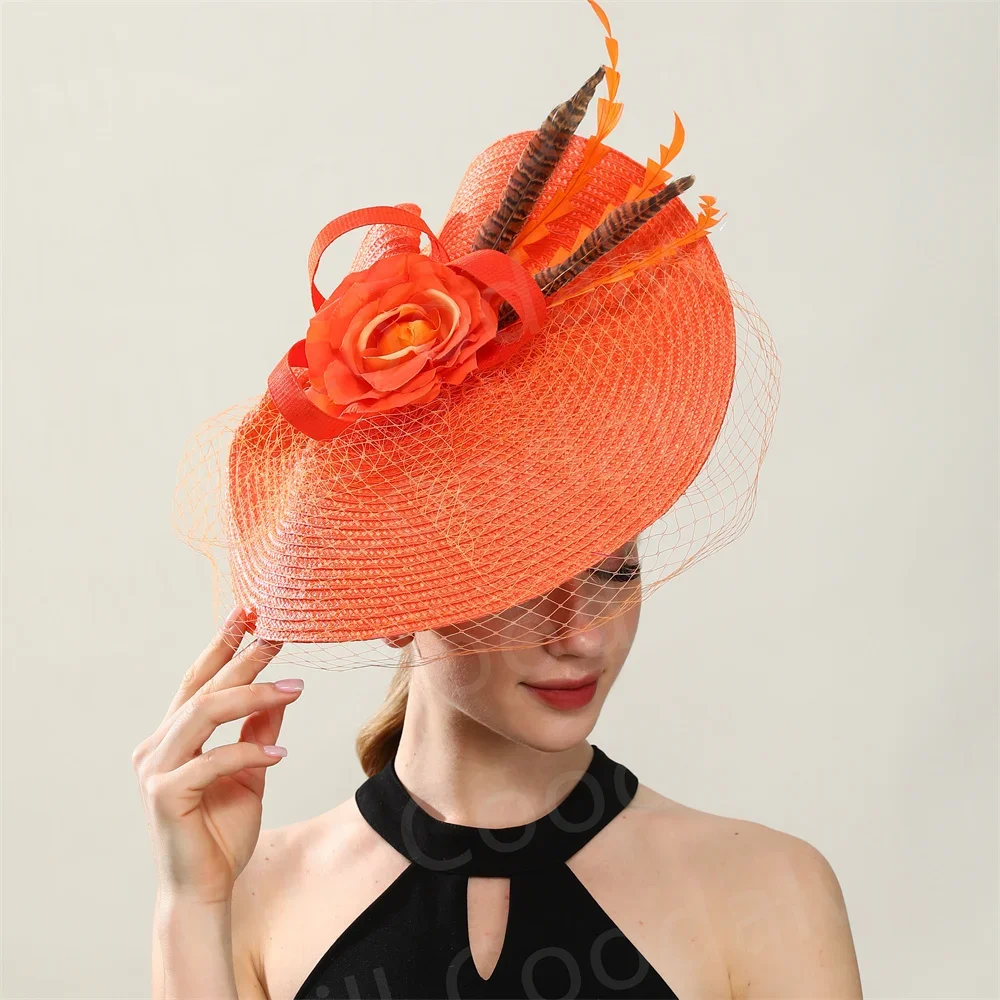 Orange Veils Fascinator Women Elegant Wedding Hat Bride Wedding Flower Chapeau Cap With Hair Clip Ladies Party Event Headpiece