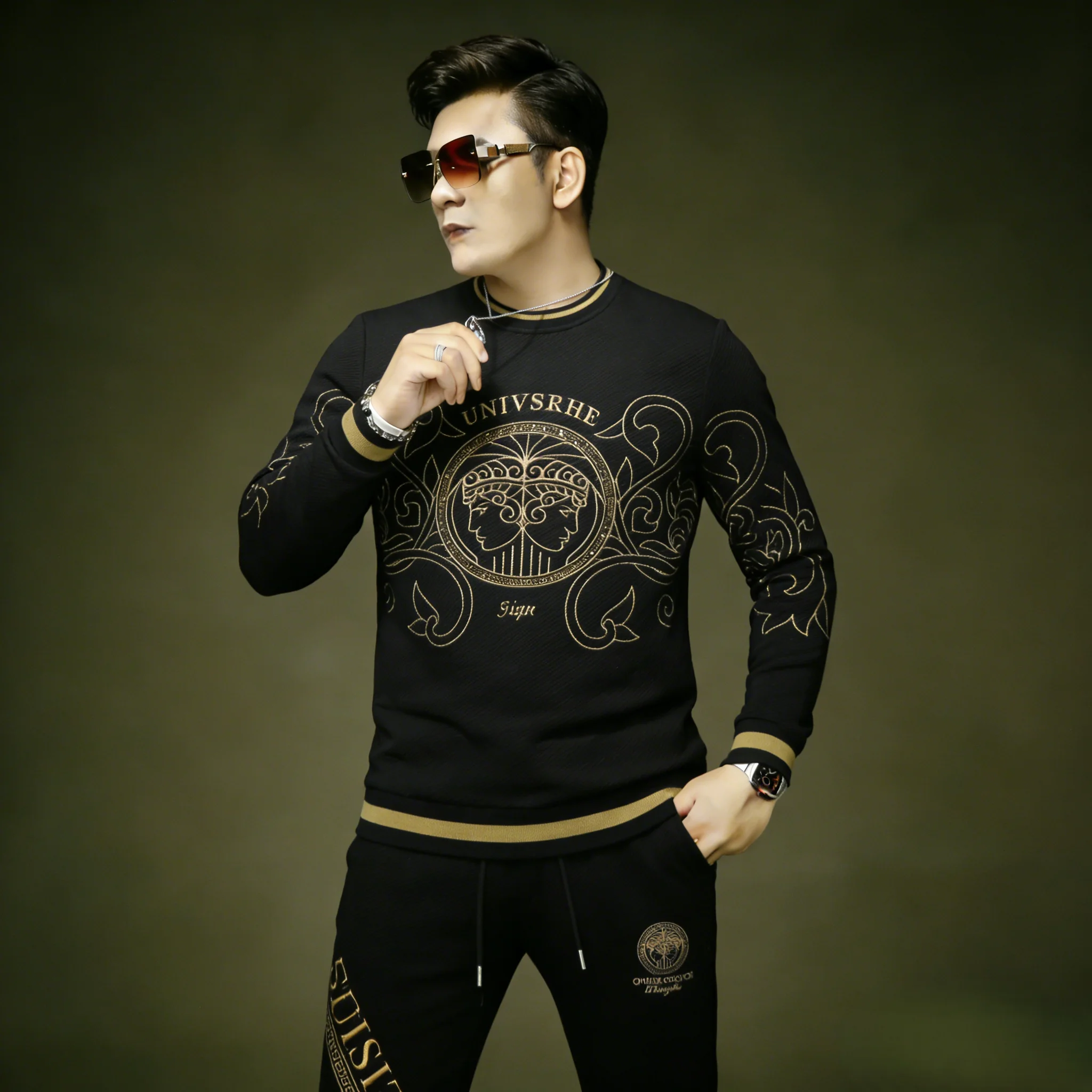 

2026 New Indian Lightweight Embroidered round Ne Sweatirt Hoodie Long Sve Spor Cool Brand Men's Clothing Set