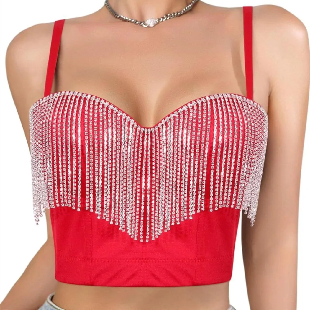 

S-XXL плюс размер, женский вечерние корсет с кисточками и бриллиантами для девочек, бюстье со стразами для ночного клуба, бюстгальтер без косточек с эффектом пуш-ап, женские майки, женский укороченный топ