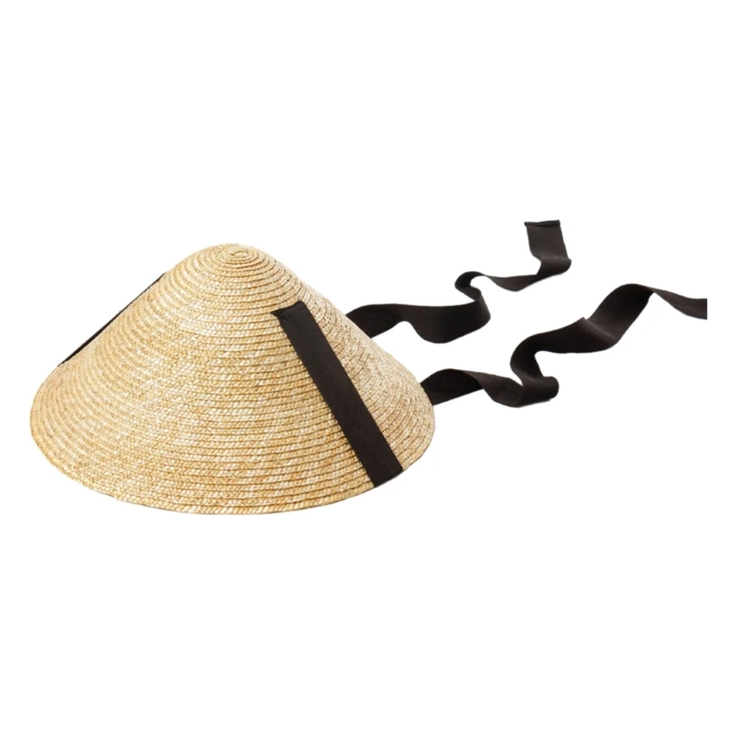 Portable Wide Brim Sun Hat Straw Weaving Traditional Cap for Kids Sunproof Summer Cone Hat with Adjustable Chin Rope