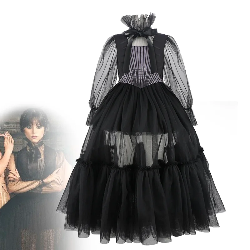 

TV Wednesday Season 2 Kids Girl Cosplay Costume Gown Ball Dress Chiffon Skirt Suit Uniform Halloween Carnival Party Outfits