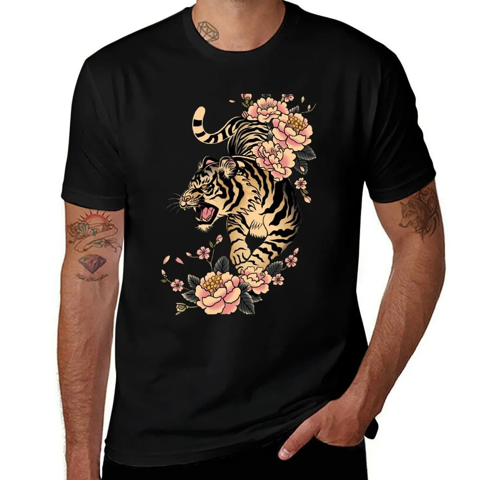 

Japanese tiger with pink flowers T-Shirt cotton t shirts man 100% funny t shirts dark humor man t shirts cotton T-Shirt