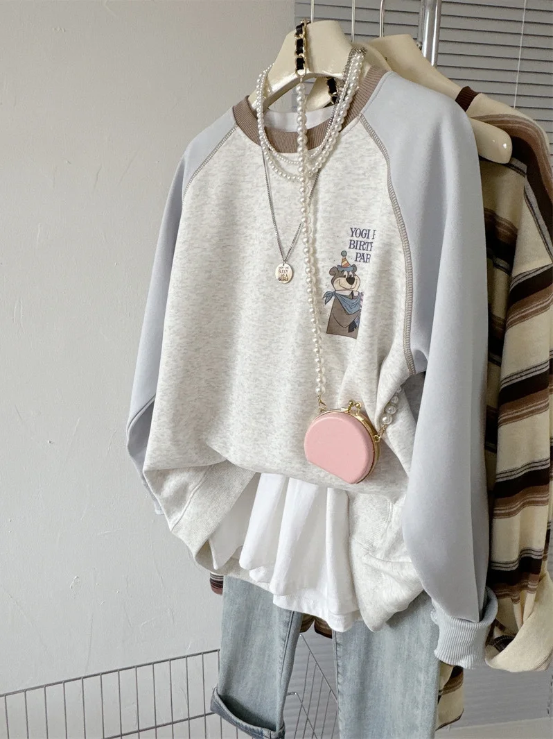 Slimming Printed Loose Shoulder Sleeve round Neck Sweatshirt Women's Casual Style Spring Fashion Sweet Bear Pattern Color Blo...