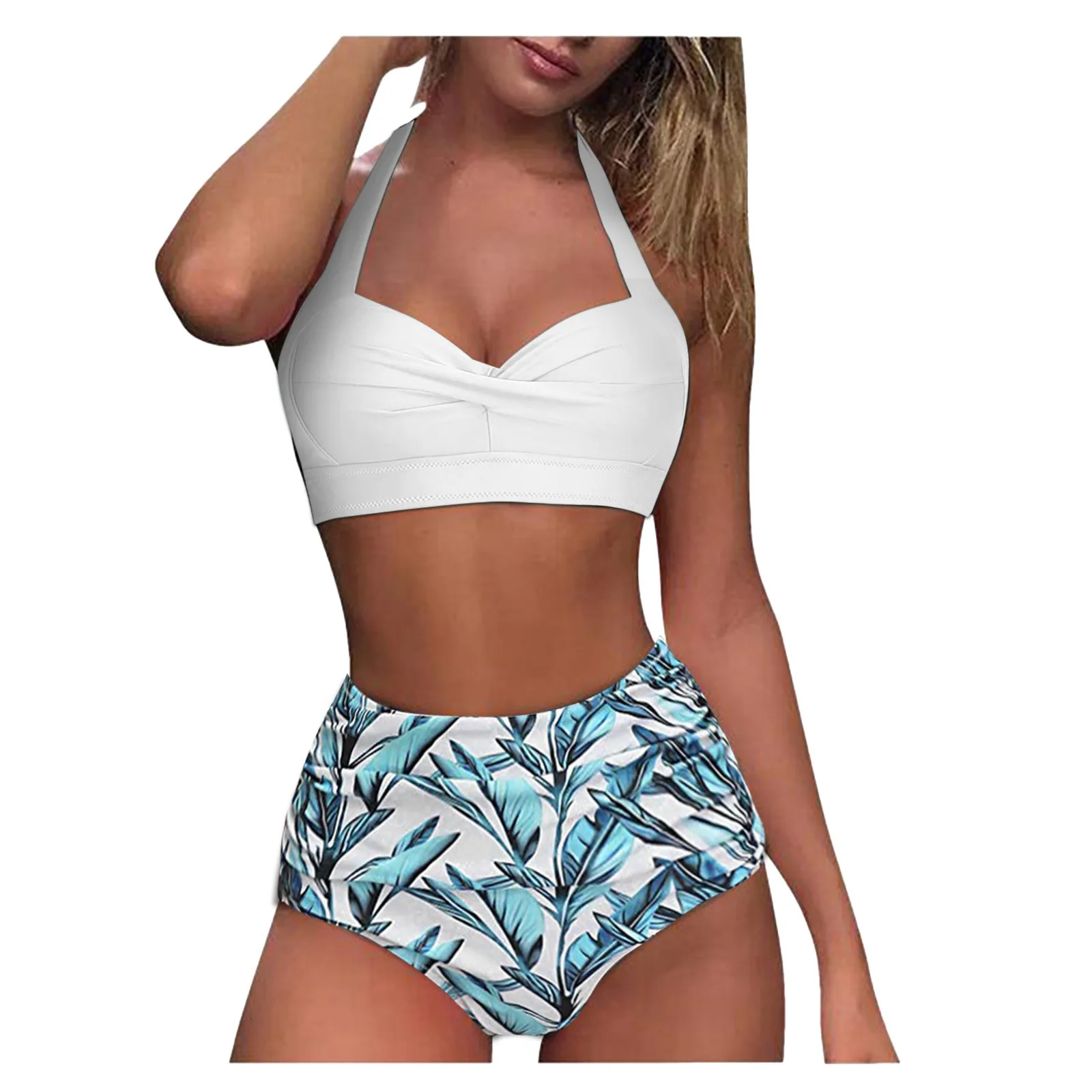 High Waisted Bikini Floral Print Summer Beach Halter Swimwear Women Fashion Two Piece Bathing Suit Vacation Wear Swimming T1