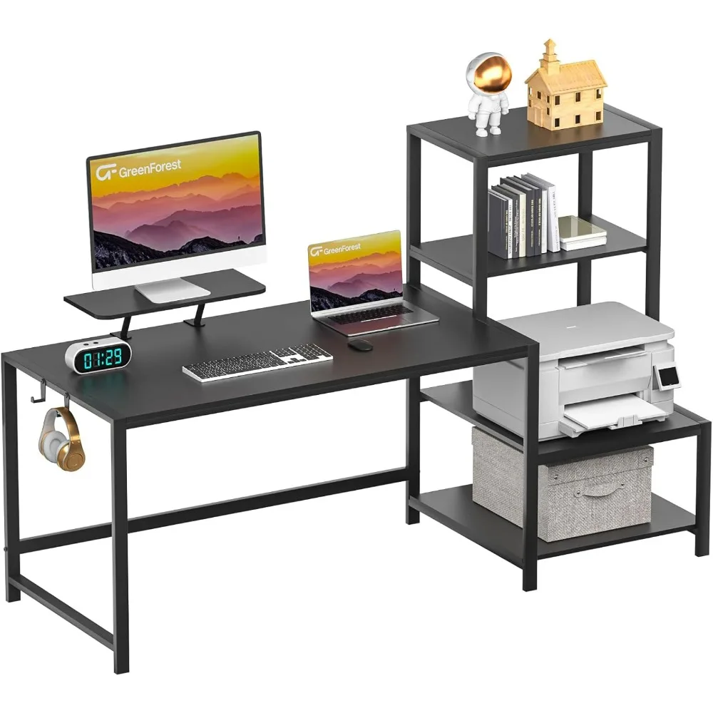 Computer Desk58inch,Storage Printer Shelf Reversible Home Office,Movable Monitor Stand,2Headphone Hooks,Study Writing PC Working