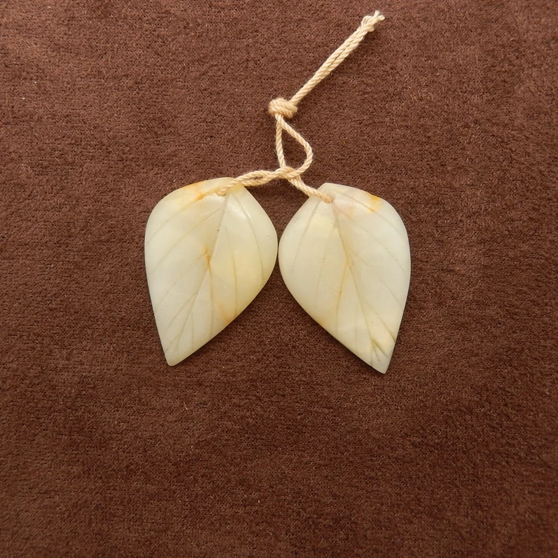 

Amazonite Leaf-Shaped Earring Pair – Natural Creamy White Gemstone with Golden Inclusions for Artisanal Jewelry 29x20x4mm-6.2g