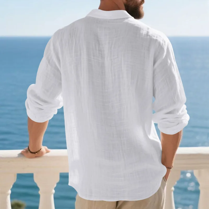 Leinen-Hemd mit Stehkragen und Knopfleiste, Herren Locker Sitzendes Atmungsaktives V-Ausschnitt Langarm-Polohemd – Detail 5